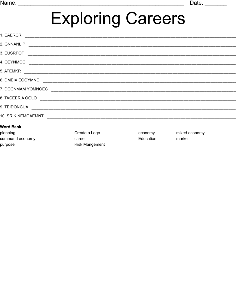 Exploring Careers Word Scramble