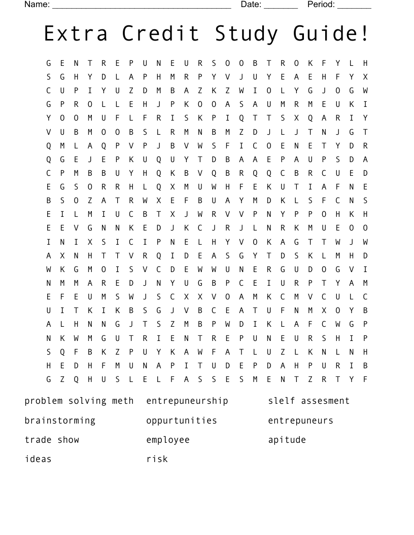 Extra Credit Study Guide! Word Search - WordMint
