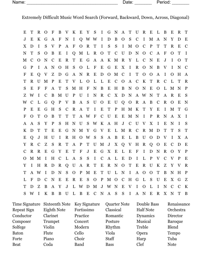 Extremely Difficult Music Word Search Forward Backward Down Across 
