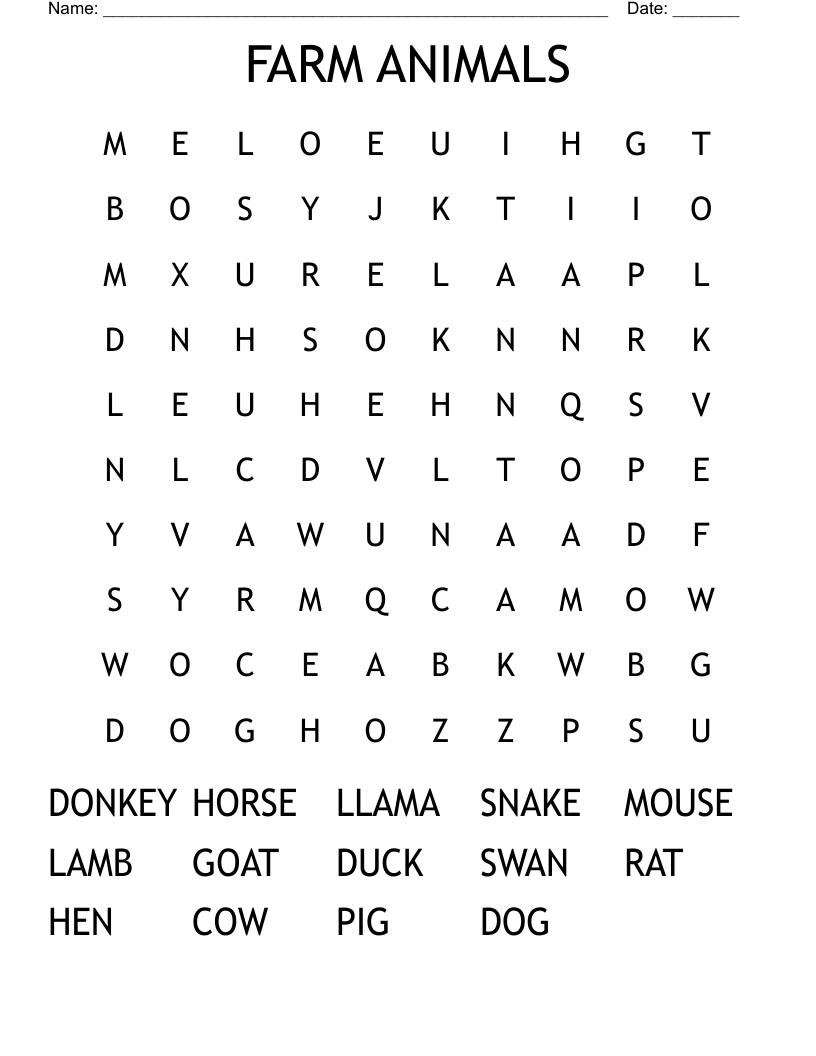 FARM ANIMALS Word Search