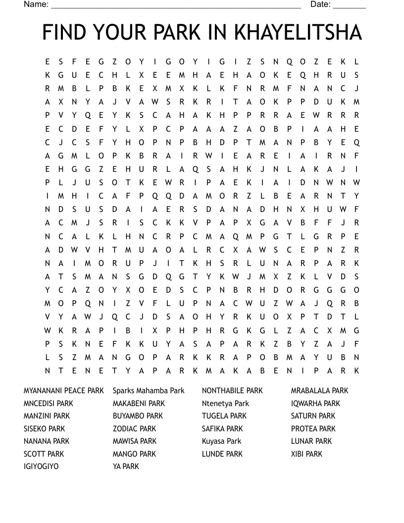 FIND YOUR PARK IN KHAYELITSHA Word Search