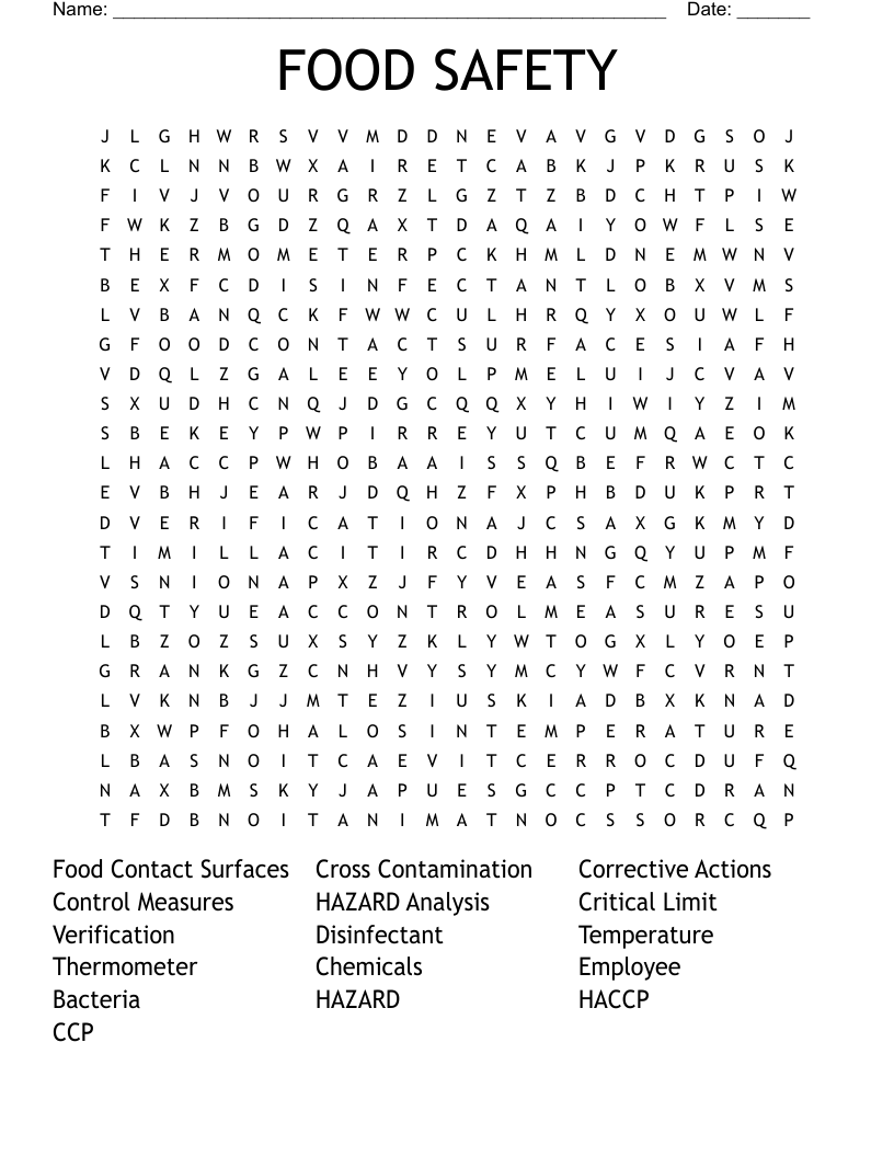 FOOD SAFETY Word Search WordMint