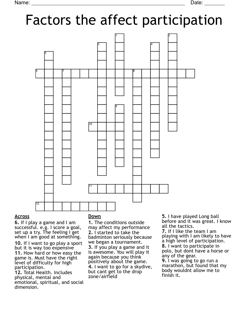 Factors the affect participation Crossword