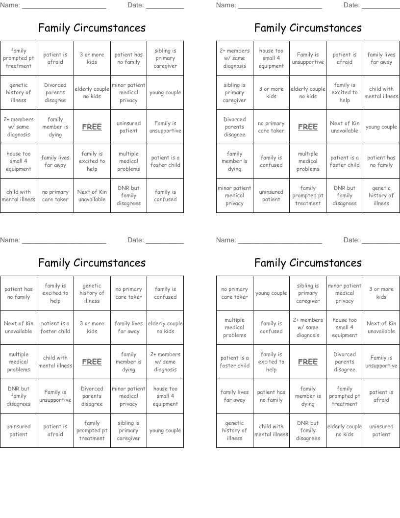 Family Circumstances  Bingo Cards