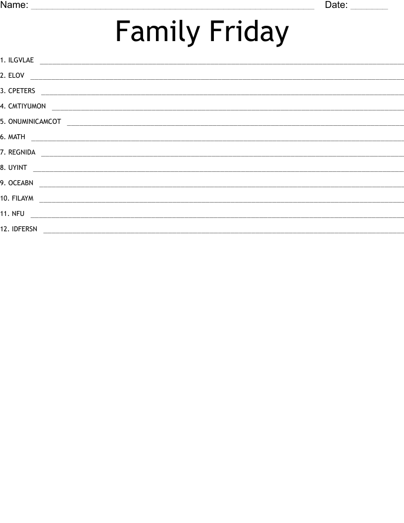Family Friday  Word Scramble