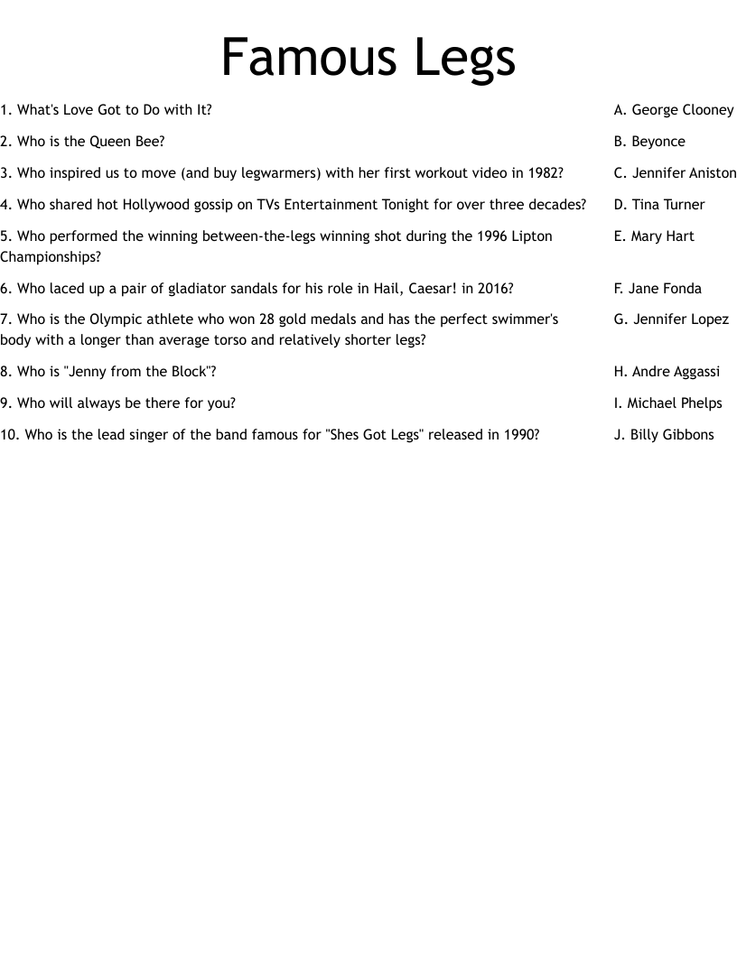 Famous Legs Worksheet