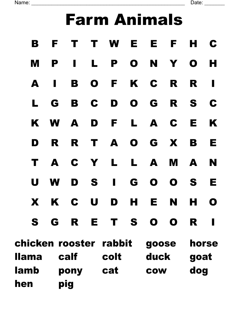 Farm Animals Word Search WordMint