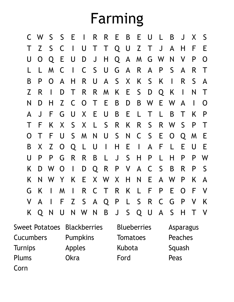 Farming Word Search Puzzle Printable