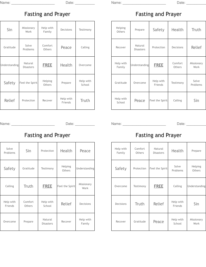 Fasting and Prayer Bingo Cards