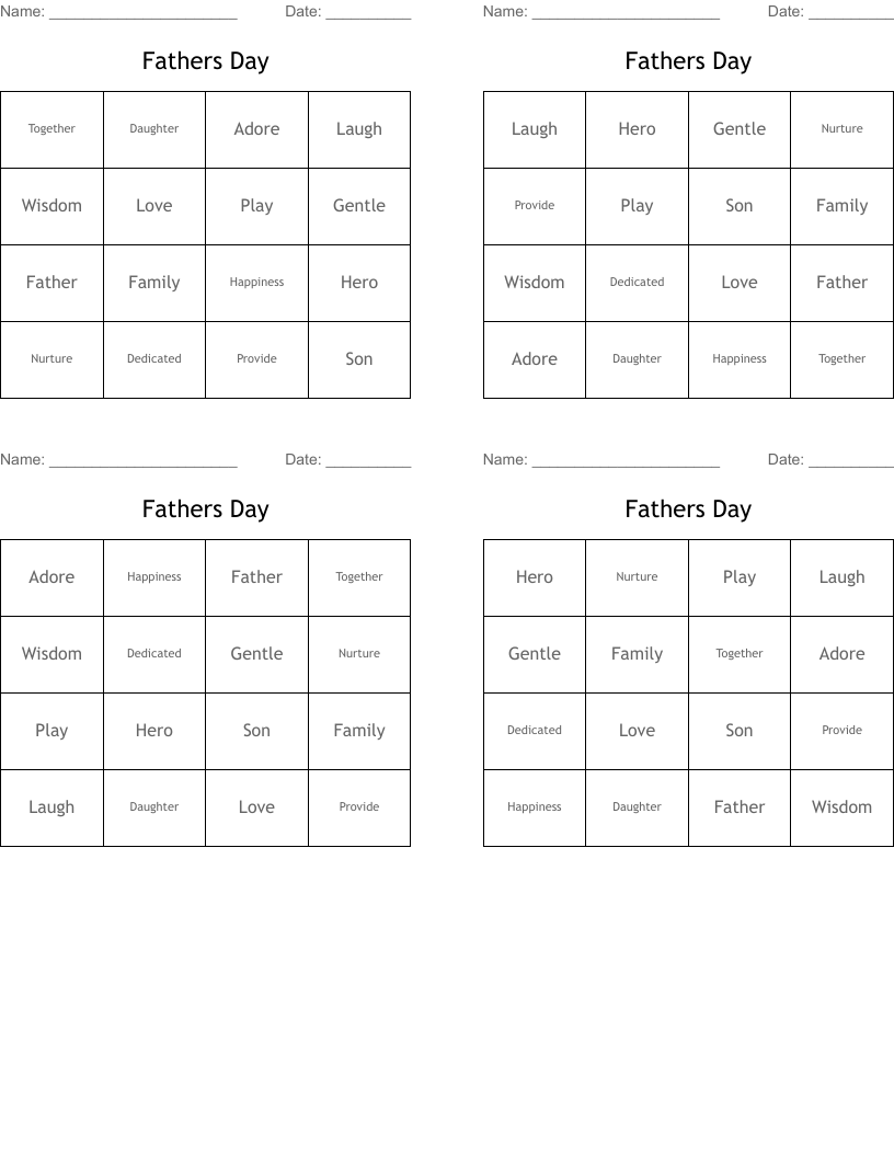 Fathers Day Bingo Cards WordMint