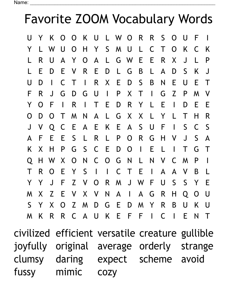 Favorite ZOOM Vocabulary Words Word Search WordMint