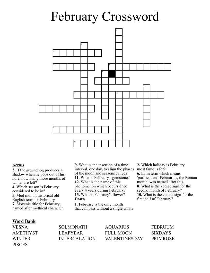February Crossword WordMint