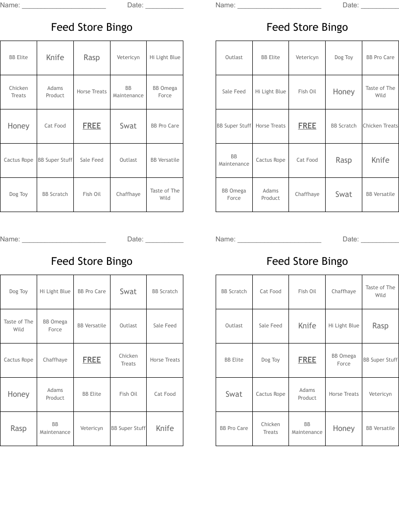 Feed Store Bingo