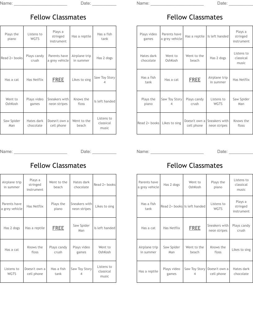 Fellow Classmates Bingo Cards