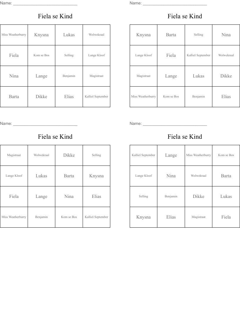 Fiela se Kind Bingo Cards