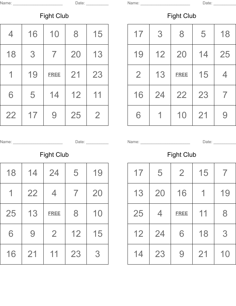 Fight Club Bingo Cards