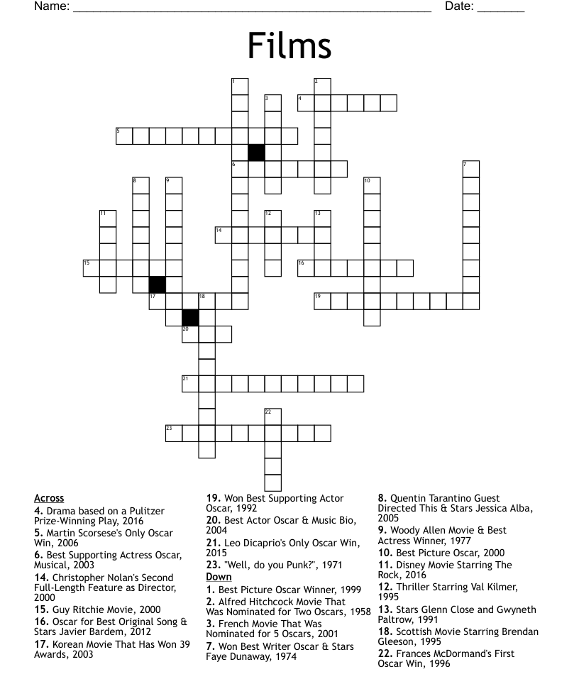 Films Crossword Wordmint