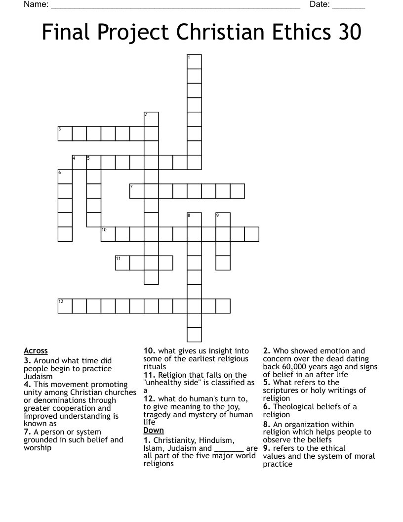 Final Project Christian Ethics 30 Crossword