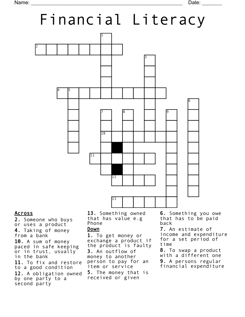 Financial Literacy Crossword WordMint