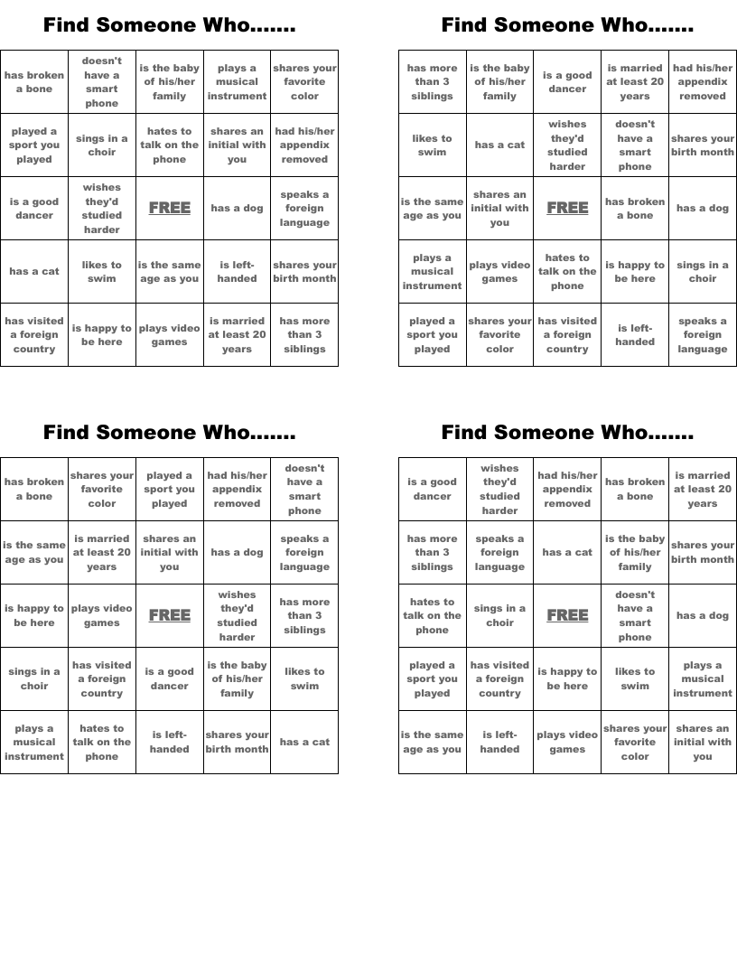 Find Someone Who....... Bingo Cards