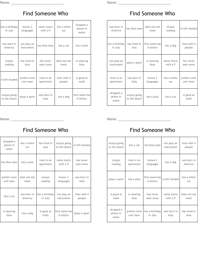 Find Someone Who  Bingo Cards