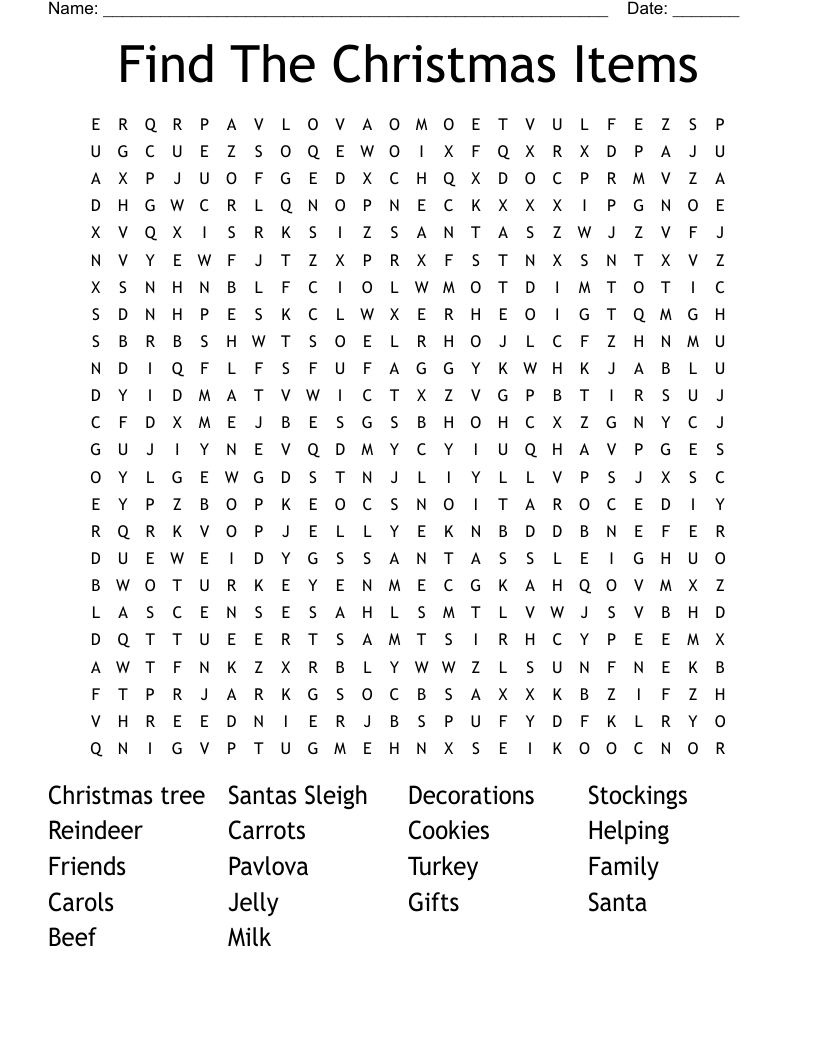 Find The Christmas Items Word Search