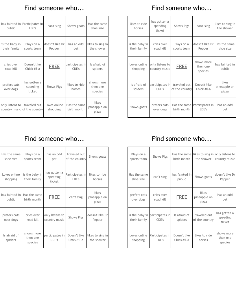 Find someone who... Bingo Cards