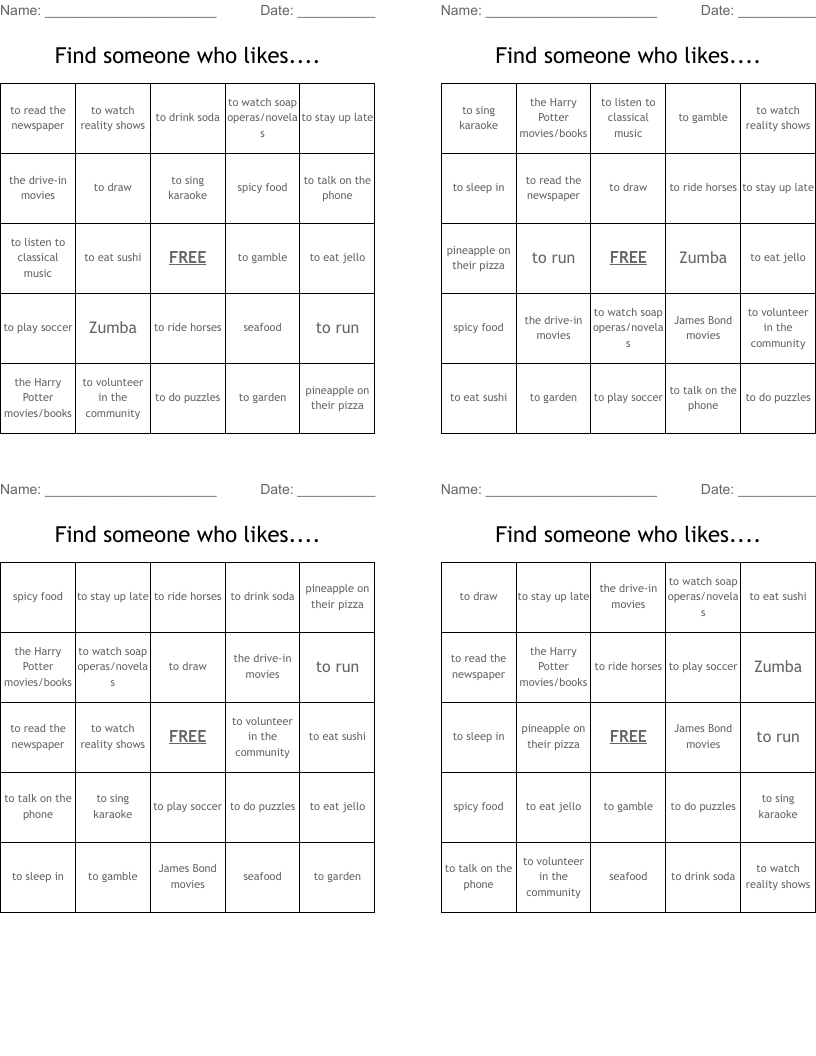 Find someone who likes.... Bingo Cards