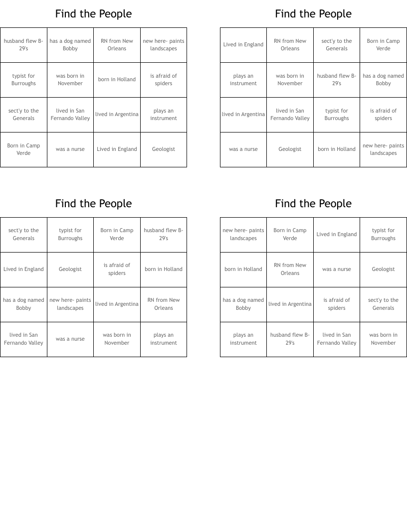 Find the People  Bingo Cards
