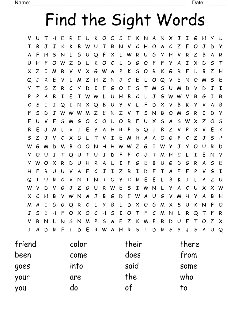 Find the Sight Words Word Search