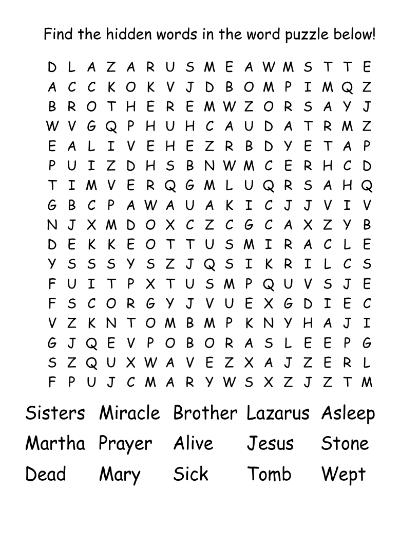 Jesus Raises Lazarus Word Search WordMint