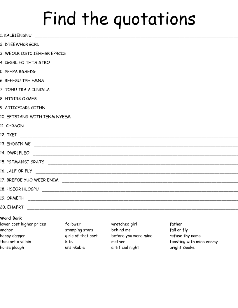 Find the quotations  Word Scramble