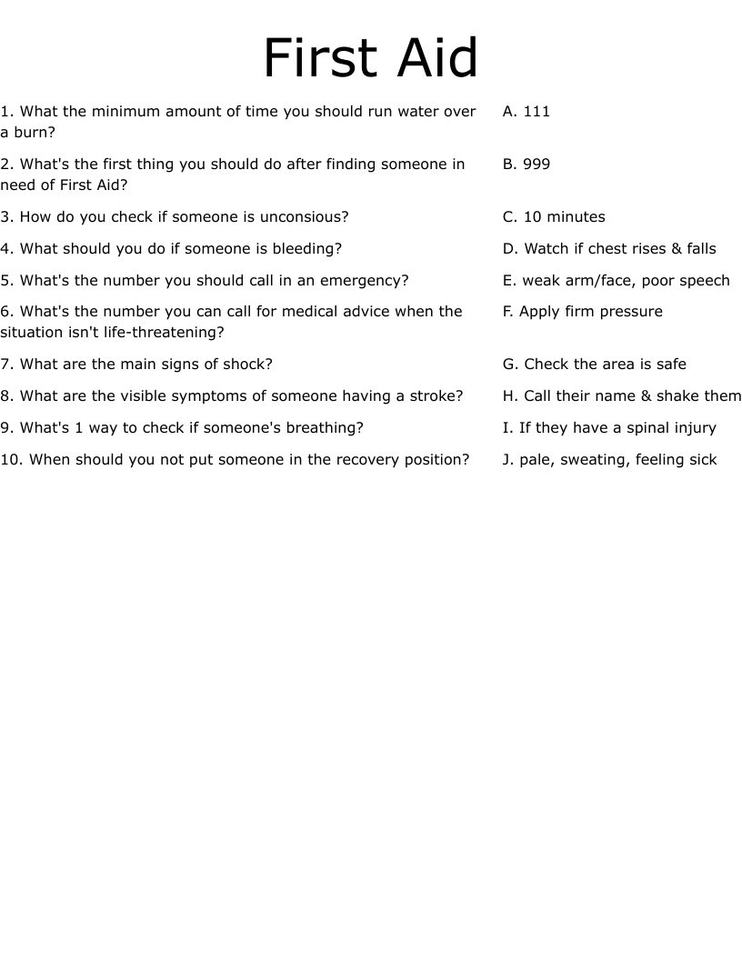 First Aid Worksheet - WordMint