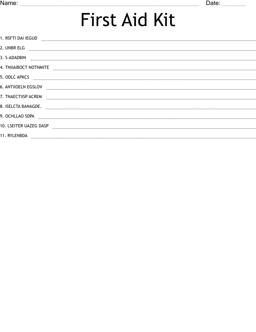 First Aid Kit Word Scramble