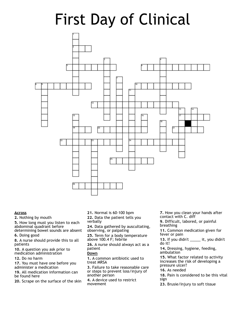 First Day of Clinical Crossword