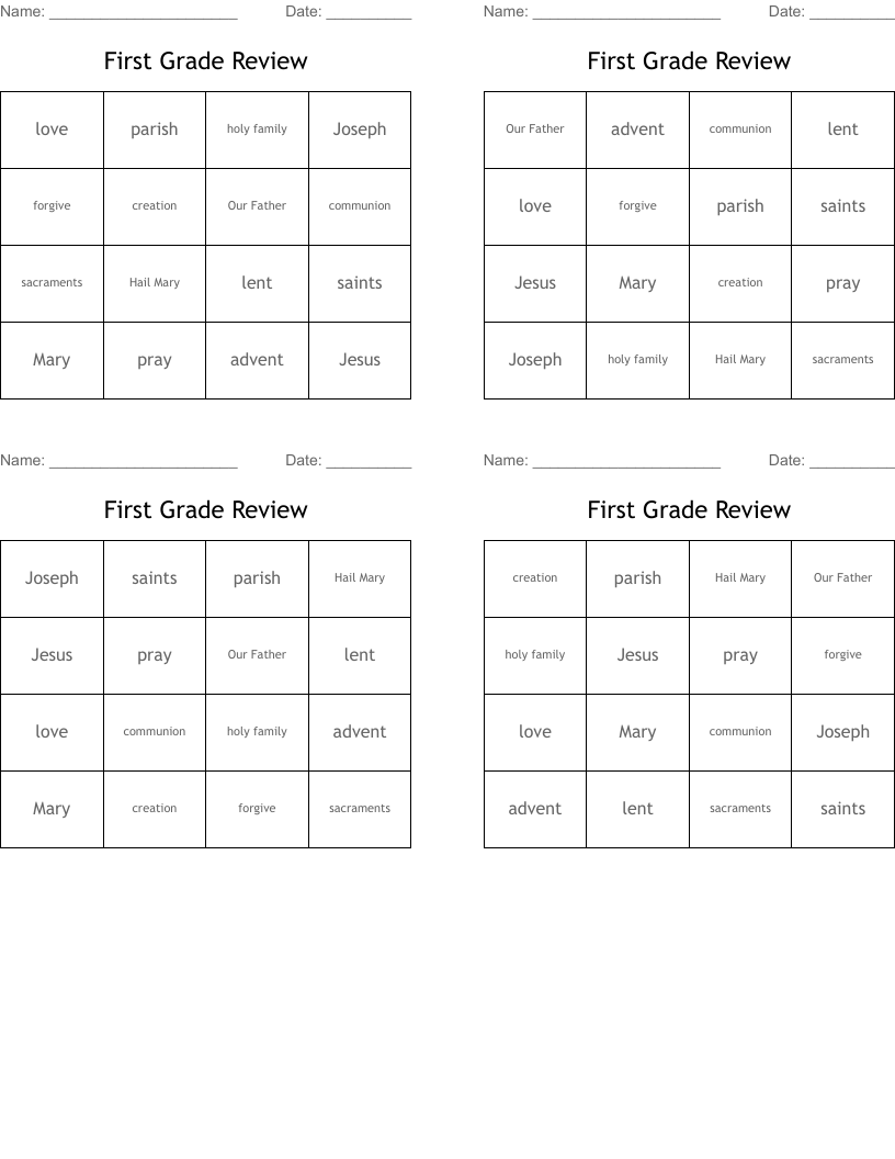 First Grade Review Bingo Cards