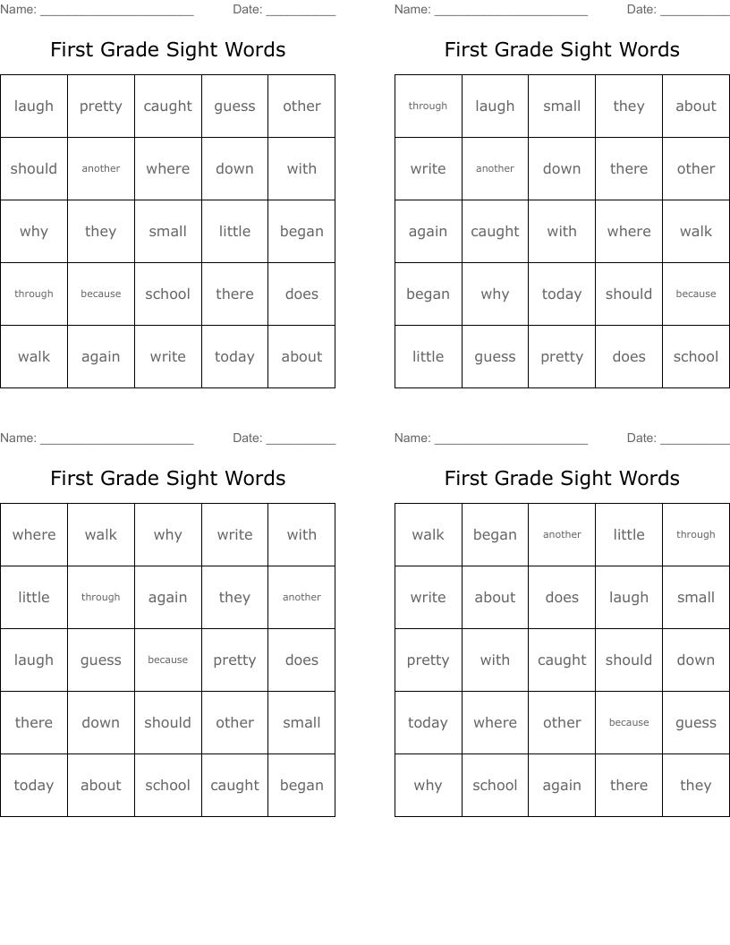 First Grade Sight Words Bingo Cards