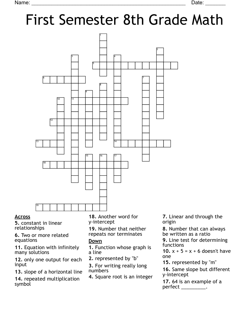 First Semester 8th Grade Math Crossword WordMint
