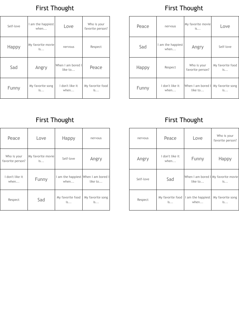 First Thought Bingo Cards