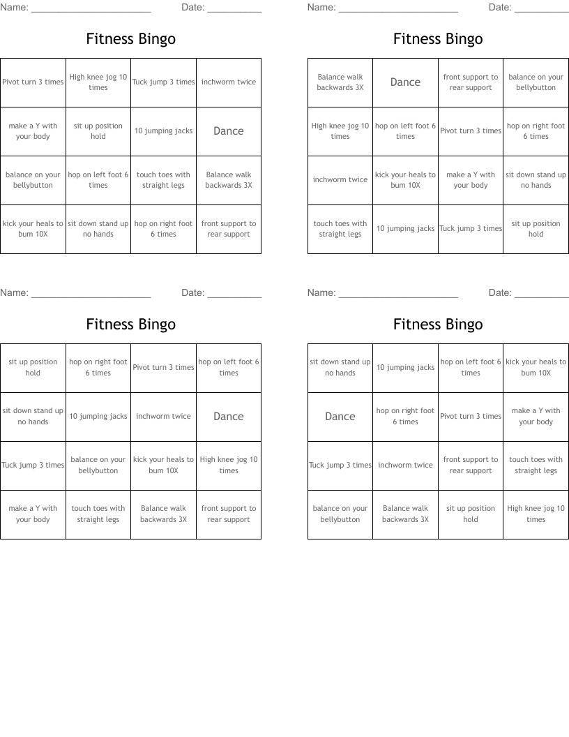 Fitness Bingo