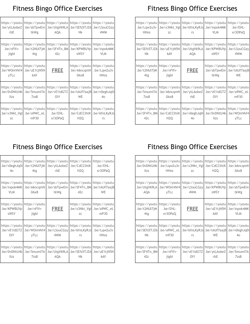 Fitness Bingo Office Exercises