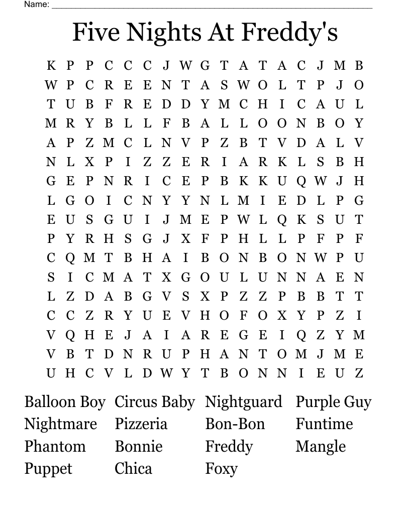 Five Nights At Freddy s Word Search WordMint