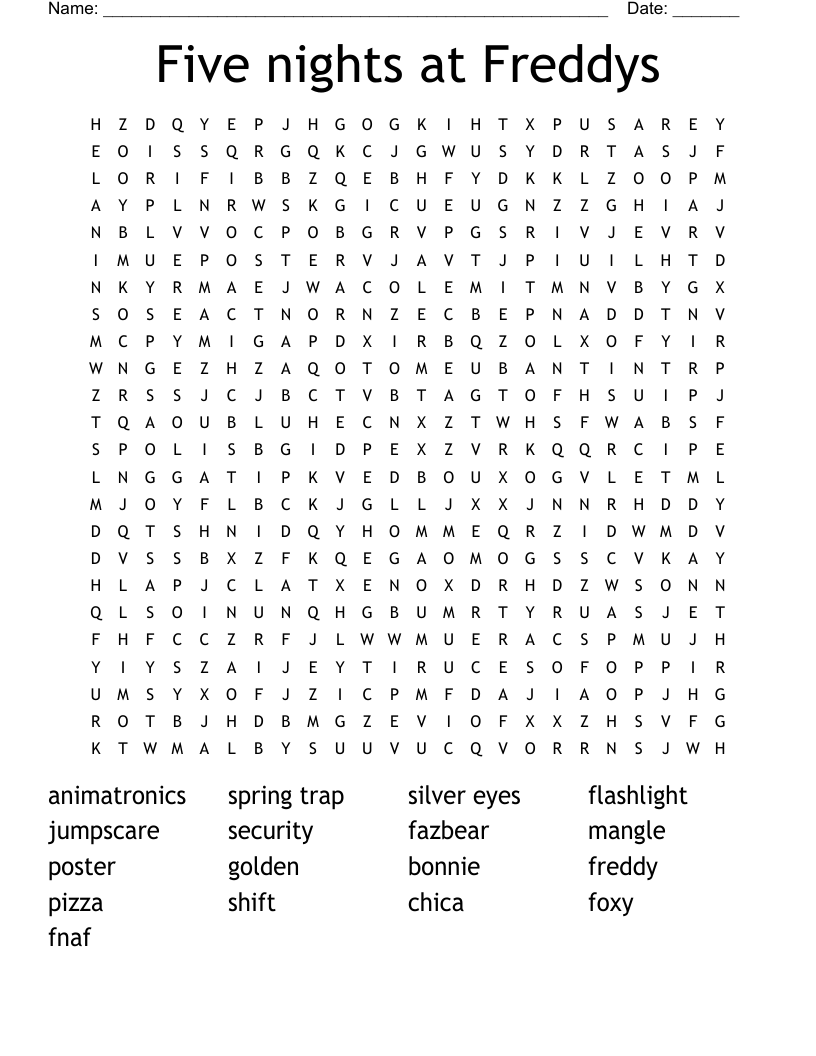 Word Search On Five Nights At Freddy S Free Printable Coloring Pages 