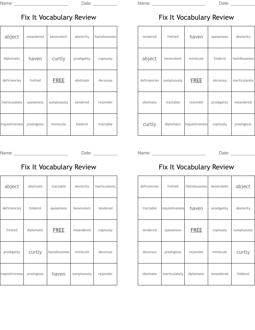 Fix It Vocabulary Review Bingo Cards