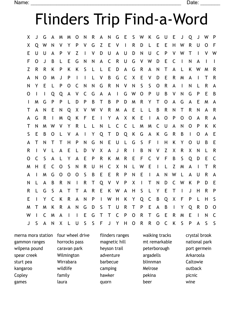 Flinders Trip Find-a-Word Word Search