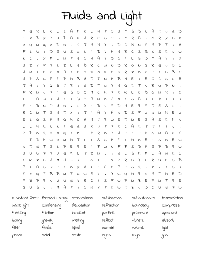 Fluids and Light Word Search