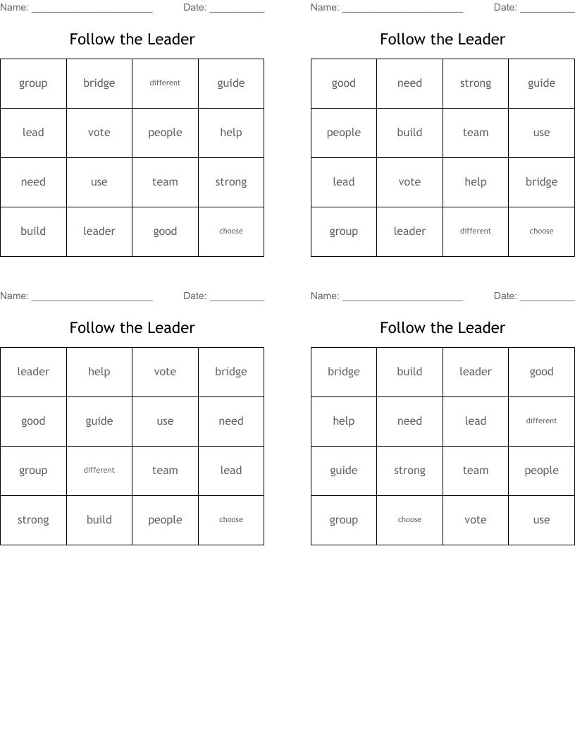 Follow the Leader Bingo Cards