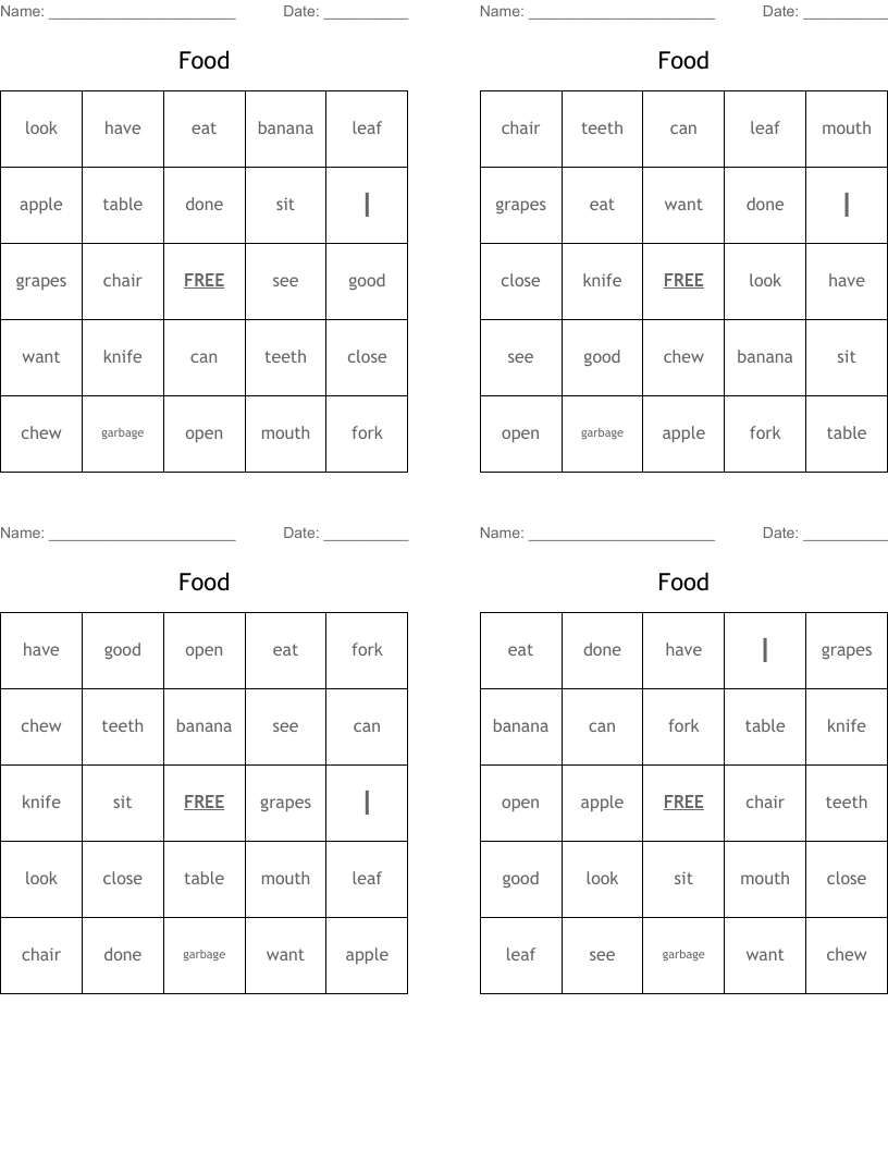 Food Bingo Cards