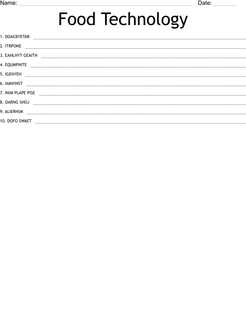 Food Technology Word Scramble