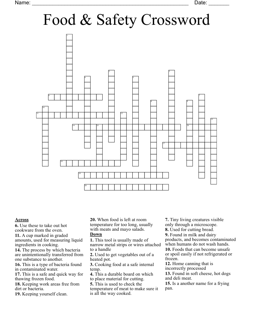 Food Safety Crossword WordMint